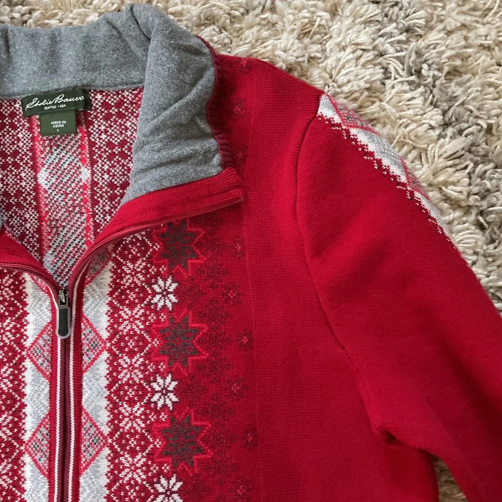 Eddie Bauer Womens Red Fair Isle Full Zip Nordic Snowflake Sweater Mock‎ Neck L